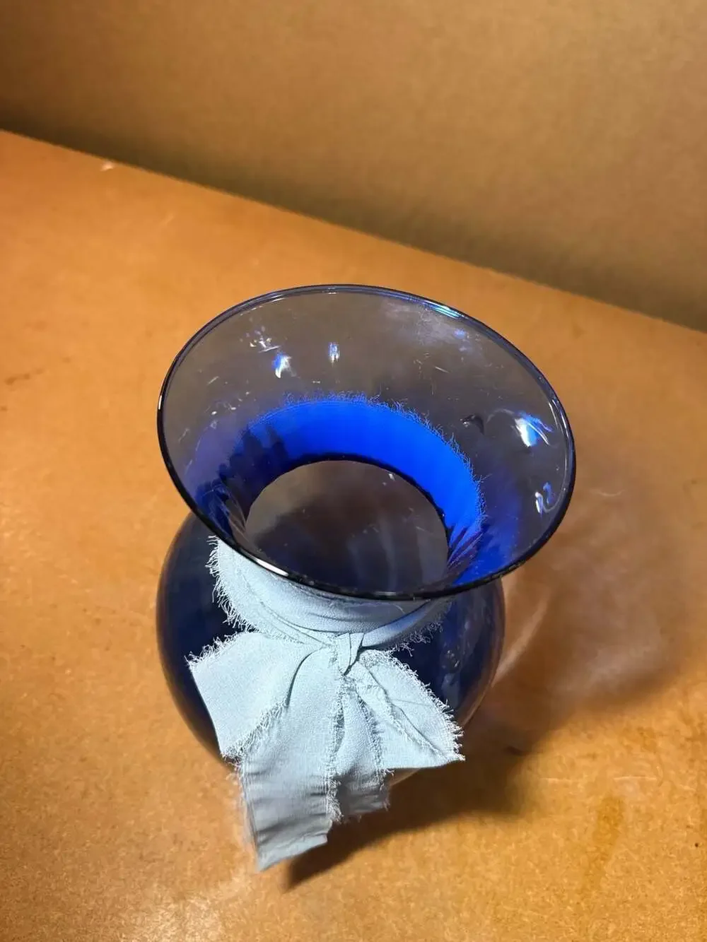 Cobalt Blue Glass Flower Vase 5.5in Straw Ribbon Rustic Vintage Home Decor